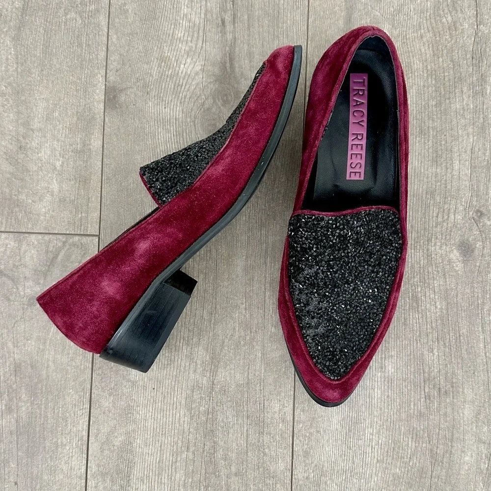 Tracy Reese Womens Size 8.5 Burgundy Suede Glitter Jewel Front Loafers